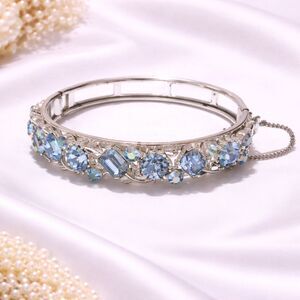 Silver Tone Baby Blue Rhinestone Hinged Bangle Bracelet